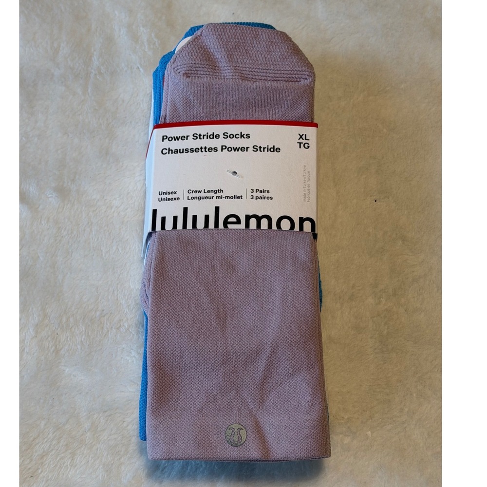 Lululemon Power Stride Crew Socks 3 Pack XL Lilac Ether Oasis Blue White NEW